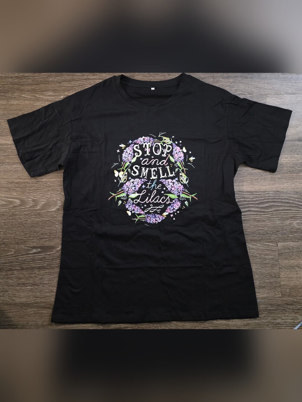 Black Graphic Tee - Stop and Smell the Lilacs Size XL
